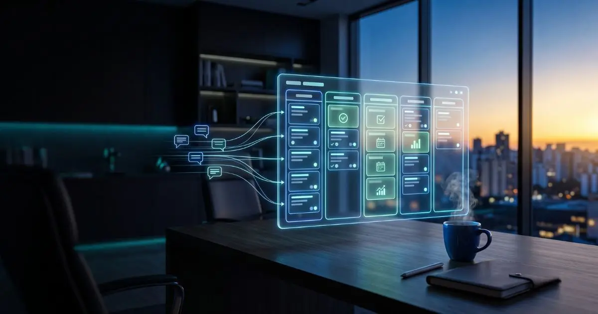 Quadro de vendas holográfico com leads sendo triados automaticamente em colunas sobre mesa de escritório ao amanhecer, com xícara de café ao lado, representando o funil organizado antes do expediente começar